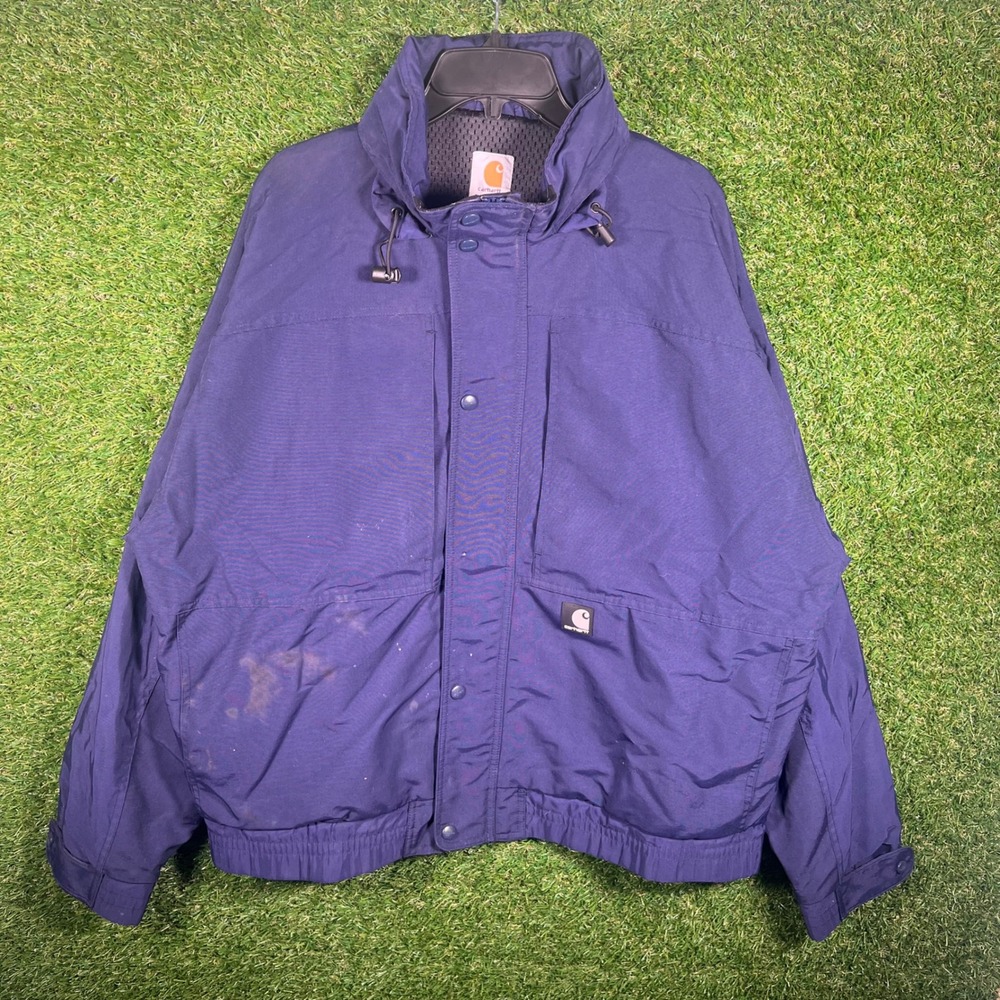 Carhartt Mens XL Navy Blue Hooded Windbreaker‎ Mesh Lined Work Jacket
